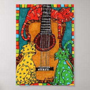 Tre katter med Guitar Mini Folk Art Poster
