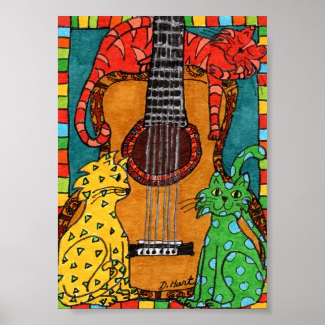 Tre katter med Guitar Mini Folk Art Poster (Framsidan)