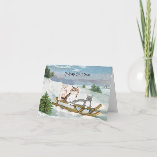 Tre katter på ett Sled Winter Scene julkort Kort (Framsida)
