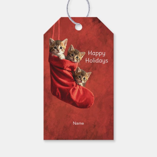 Tre kattungar i en julstrumpa presentkort presentetikett (Framsidan)