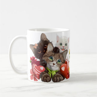 Tre kattungar och hjärta kaffemugg