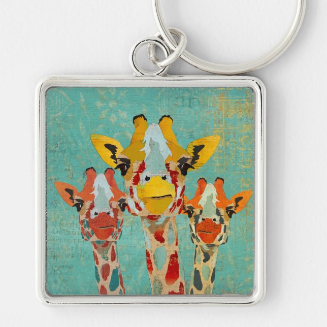 Tre kika giraff Keychain Fyrkantig Silverfärgad Nyckelring (Framsidan)