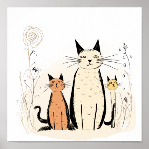 Tre kittens och Blommor Poster