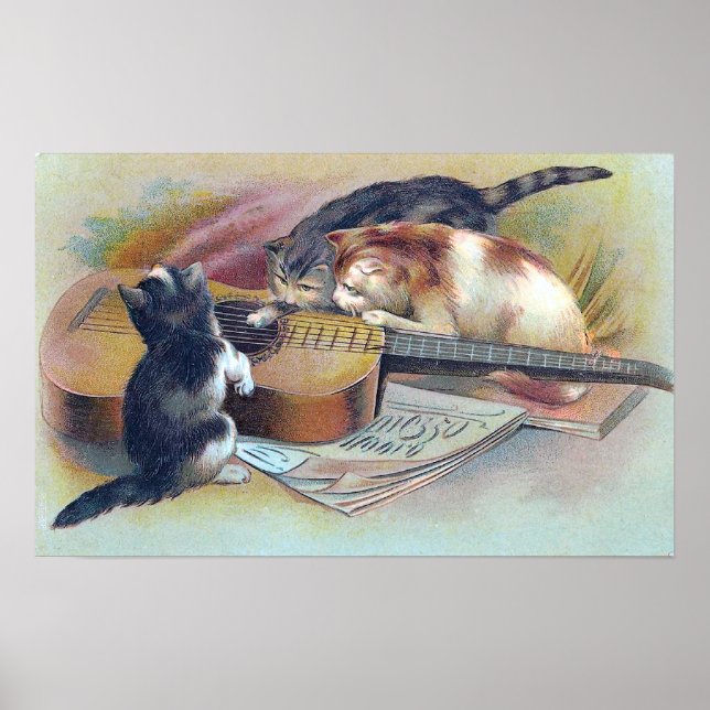 Tre kittens och en guitar-Vintage-illustration Poster (Framsidan)