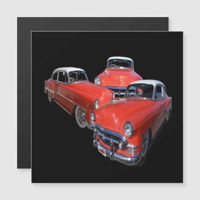 Tre klassade röda och vita Vintage bilar, (Fram/baksida)