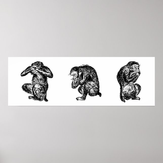 Tre kloka apor ser, hör och tala på ondska poster (Framsidan)