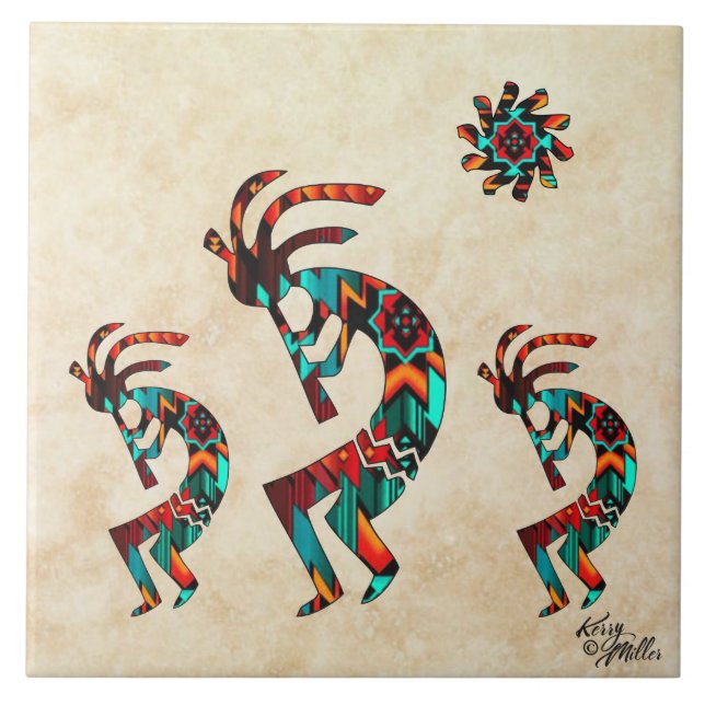 Tre Kokopelli Ceramic Tile i sydvästra Kokopelli Kakelplatta (Framsidan)