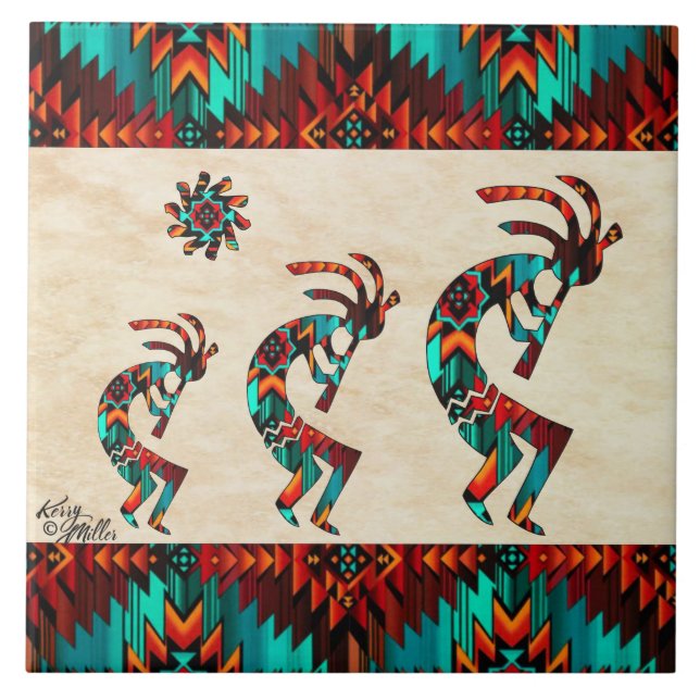 Tre Kokopelli Ceramic Tile i sydvästra Kokopelli Kakelplatta (Framsidan)