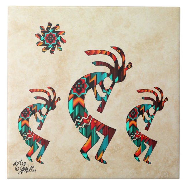 Tre Kokopelli Ceramic Tile i sydvästra Kokopelli Kakelplatta (Framsidan)