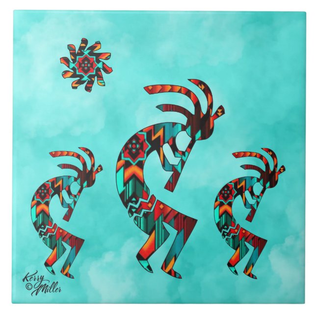 Tre Kokopelli Ceramic Tile i sydvästra Kokopelli Kakelplatta (Framsidan)