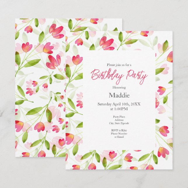 Tre korallfärger Rosa vattenfärgsblomma Mönster Inbjudningar (Fram/baksida)