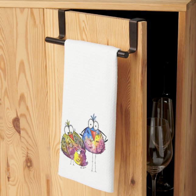 Tre kute, vita, färgstarka fåglar kökshandduk (Thirds Fold)