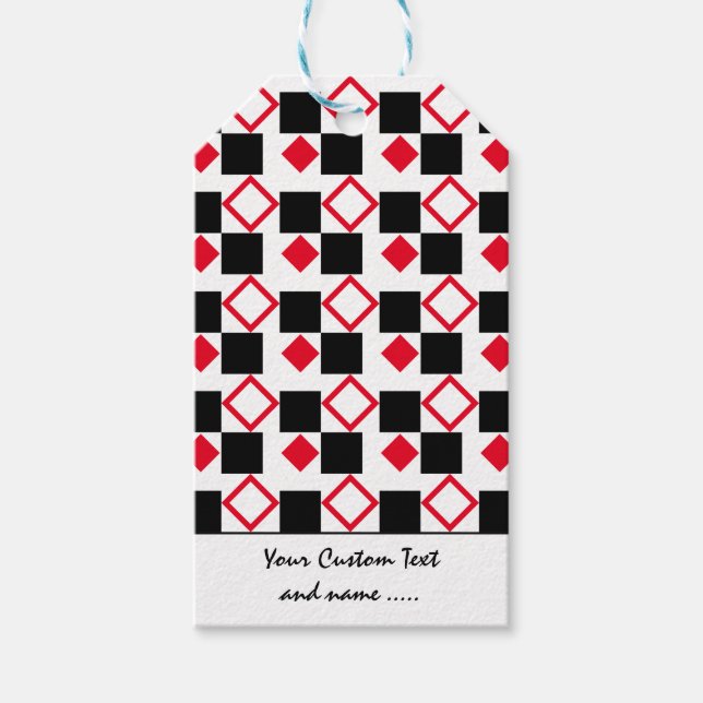 Tre kvadratiska och röda färg, svarta, vita/mönste presentetikett (Framsidan)