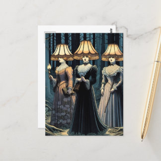 Tre kvinnor i skogen med lyxhatt vykort