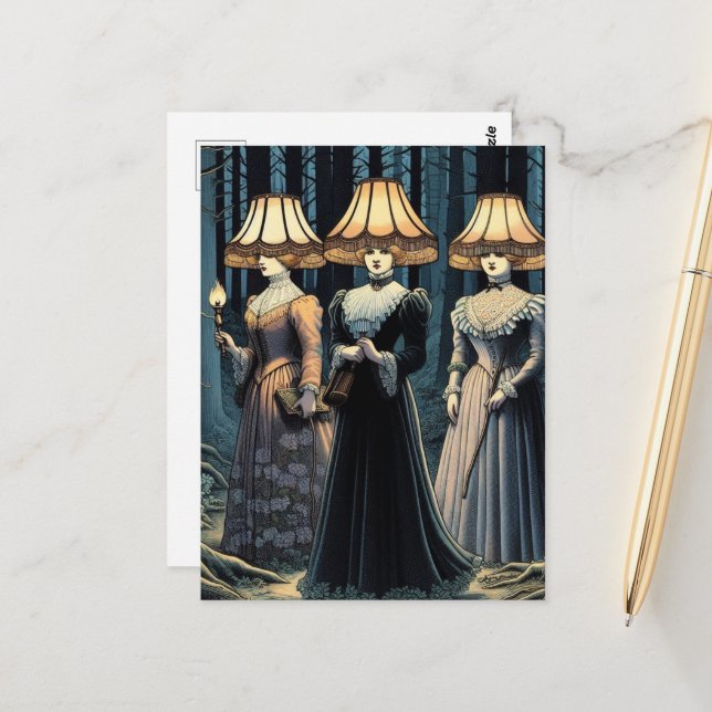 Tre kvinnor i skogen med lyxhatt vykort (Fram/Back In Situ)