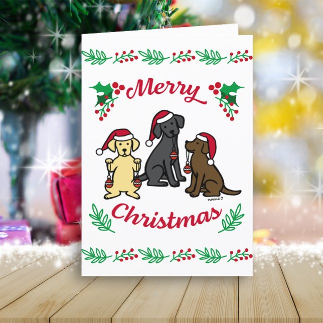 Tre Labrador och julgransprydnader jul Helgkort (Three Labradors and Ornaments Design Christmas Cards for Labrador Retriever Owners.  Cartoon Design.)