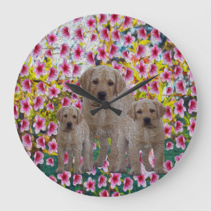 Tre labrador Puppies Oil Painting Stor Klocka