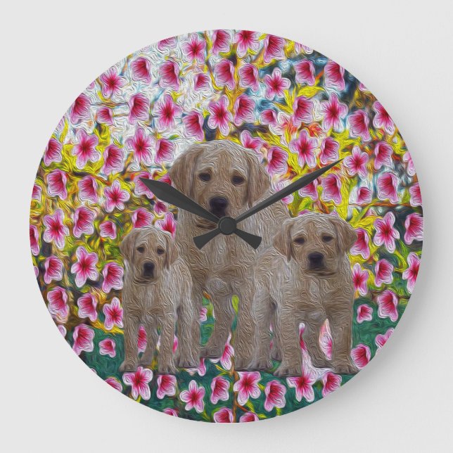 Tre labrador Puppies Oil Painting Stor Klocka (Framsida)