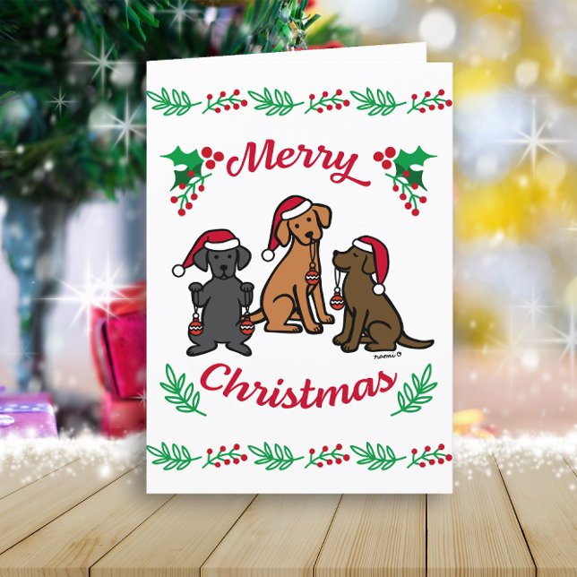 Tre Labradorer och Julgransprydnader Jul Helgkort (Three Labradors and Ornaments Design Christmas Cards for Labrador Retriever Owners.  Cartoon Design.)