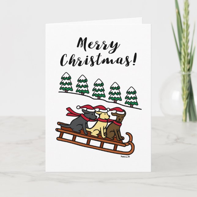 Tre Labradorer Slädar Glidande God Jul Helgkort (Framsida)