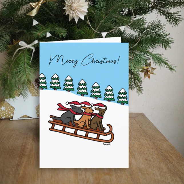 Tre Labradorer Slädar Glidande Snövy Helgkort (Three Labradors Sled Sliding Design Christmas Card for Labrador Owners.  Snow View Background.)