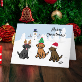 Tre Labradors och Snögubbe jul Helgkort