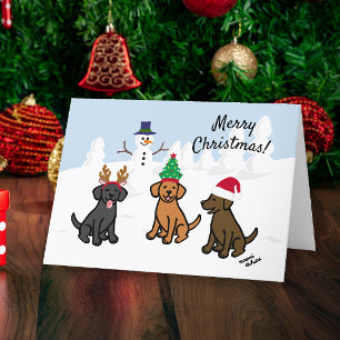 Tre Labradors och Snögubbe jul Helgkort