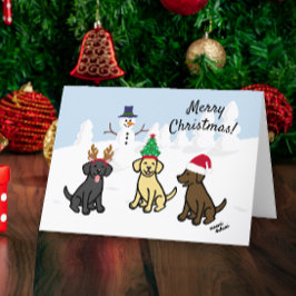 Tre Labradors och Snögubbe jul Helgkort