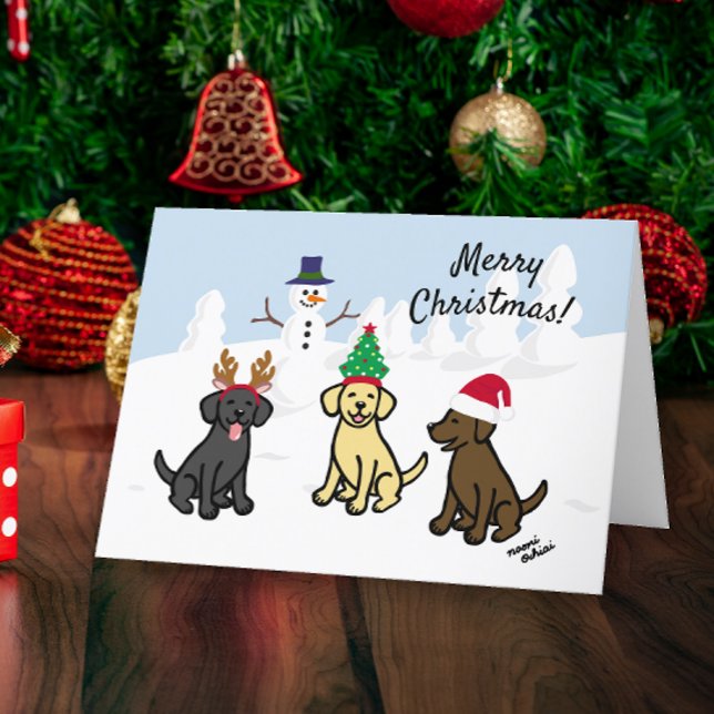 Tre Labradors och Snögubbe jul Helgkort (Three Labradors and Snowman Design Christmas Cards for Labrador Owners.  Cute cartoon style design.)