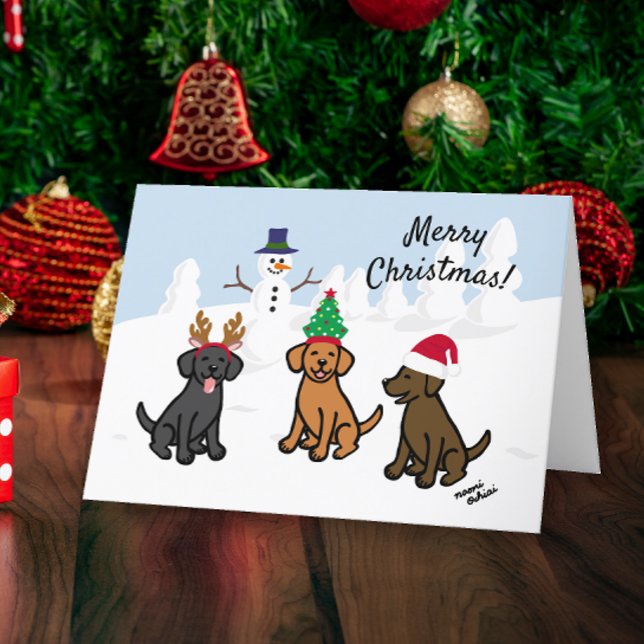 Tre Labradors och Snögubbe jul Helgkort (Three Labradors and Snowman Design Christmas Cards for Labrador Owners.  Cute cartoon style design.)