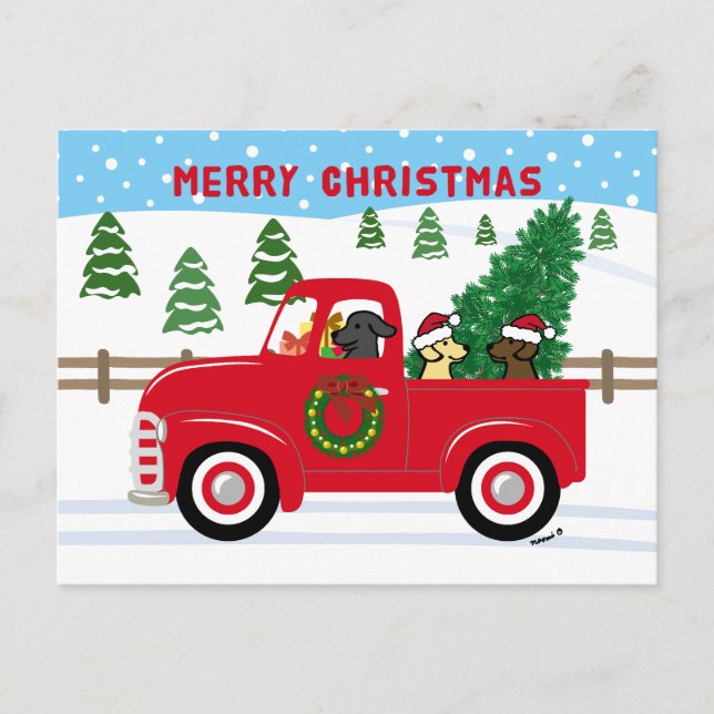 Tre Labradors Red Lastbil jul Helg Vykort (Framsida)