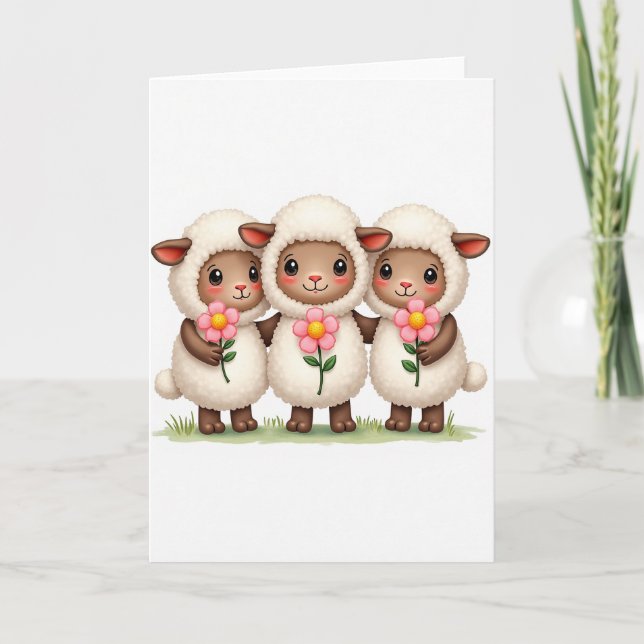Tre lamm Vänkort med blommor Kort (Framsida)