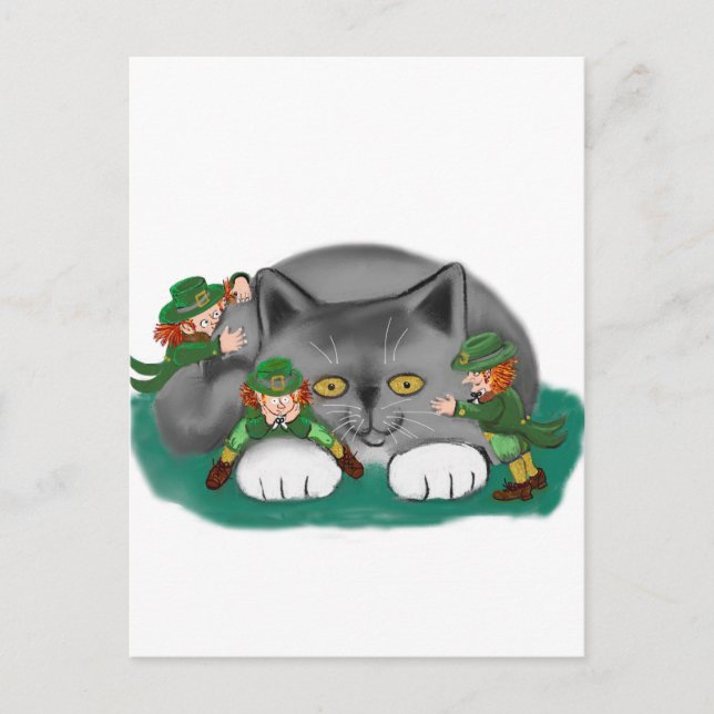 Tre Leprechaunsar och en kattunge är vänner Vykort (Framsida)