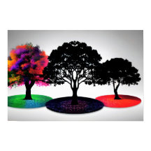 Tre levande Dreamlike Träd med vit bakgrund