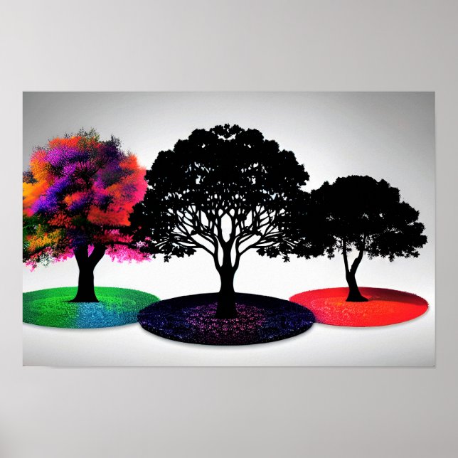 Tre levande Dreamlike Träd med vit bakgrund Poster (Framsidan)