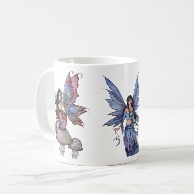 Tre lila och blå älvor av Molly Harrison Kaffemugg (Framsida vänster)