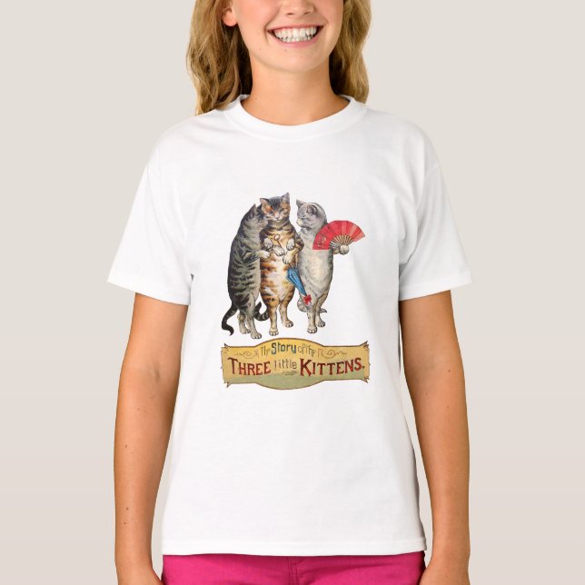 Tre lilla Kittens Mor Goose Illustration Tee Shirt (Framsida)