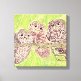 Tre lille Scowling Uggla - akrylmålning. Canvastryck