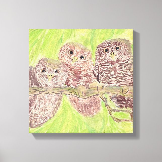 Tre lille Scowling Uggla - akrylmålning. Canvastryck (Framsida)
