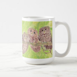 Tre lille Scowling Uggla - akrylmålning. Kaffemugg