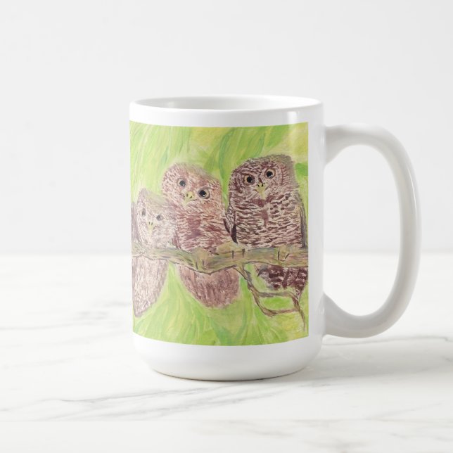 Tre lille Scowling Uggla - akrylmålning. Kaffemugg (Höger)