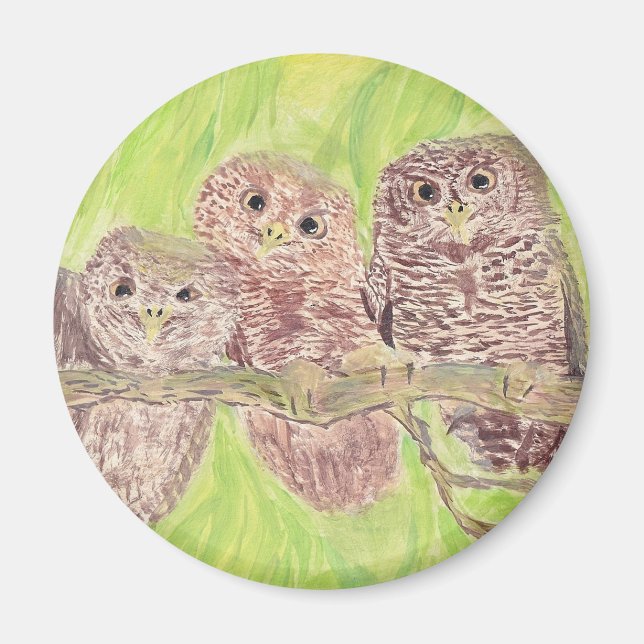Tre lille Scowling Uggla - akrylmålning. Magnet (Framsidan)