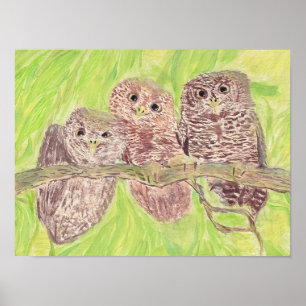 Tre lille Scowling Uggla - akrylmålning. Poster