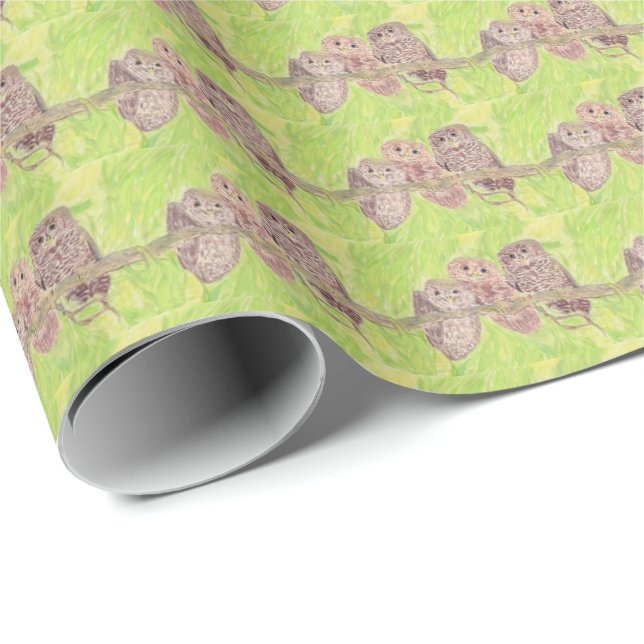 Tre lille Scowling Uggla - akrylmålning. Presentpapper (Rullad Hörn)