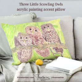 Tre lille Scowling Uggla - akrylmålning. Prydnadskudde