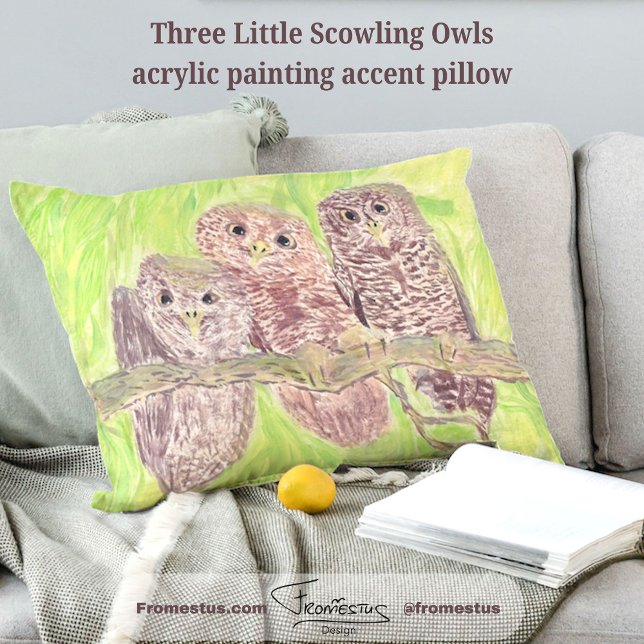 Tre lille Scowling Uggla - akrylmålning. Prydnadskudde (Skapare uppladdad)