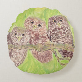 Tre lille Scowling Uggla - akrylmålning. Rund Kudde