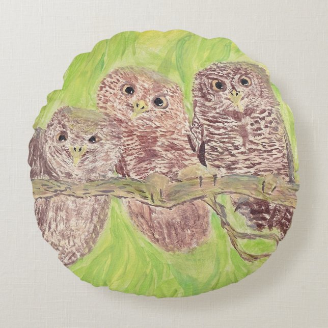 Tre lille Scowling Uggla - akrylmålning. Rund Kudde (Framsidan)
