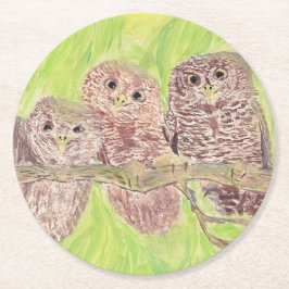 Tre lille Scowling Uggla - akrylmålning. Underlägg Papper Rund