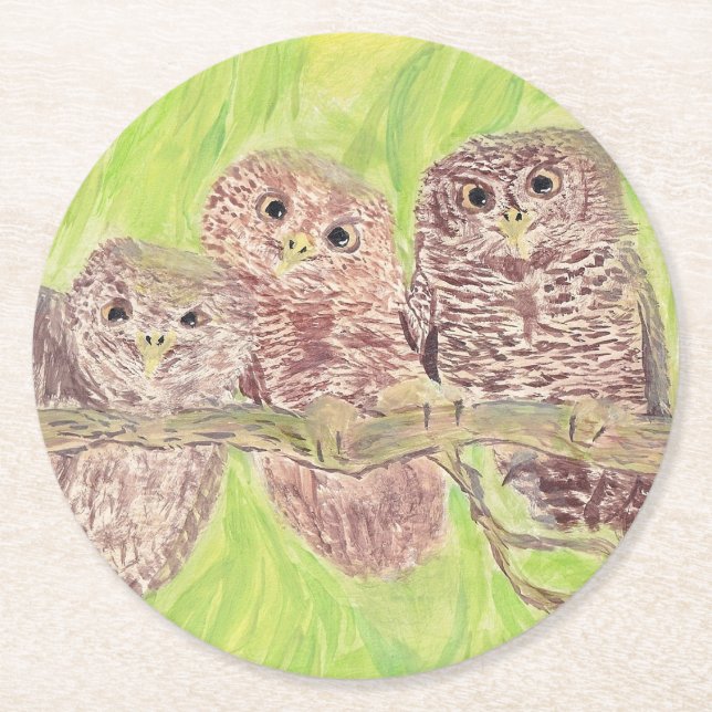 Tre lille Scowling Uggla - akrylmålning. Underlägg Papper Rund (Framsidan)